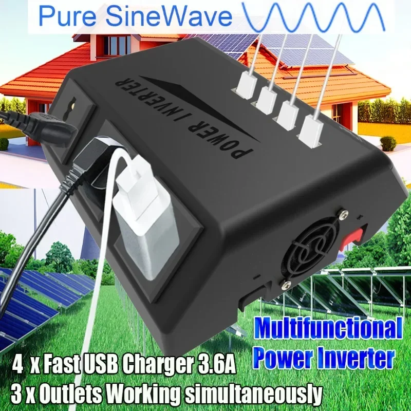 Touch Screen Pure Sine Wave Inverter LCD Dual Battery Mode Inverter 4000W 12V 220V 110V Voltage Converter 3*Outlets + 4*USB Port