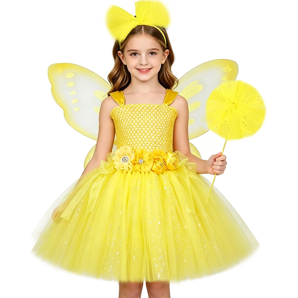 Glitter Yellow Flower Fairy Costume for Girls Birthday Party Tutu Princess Dress Kids Halloween Butterfly Fairy Dress Up Outfits