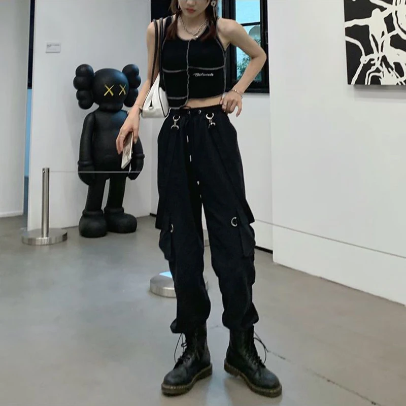 Gothic Cargo Pants Women Harajuku Black Korean High Waist Bf Hip Hop Streetwear Wide Leg Pants Loose Straight Jogging Trousers