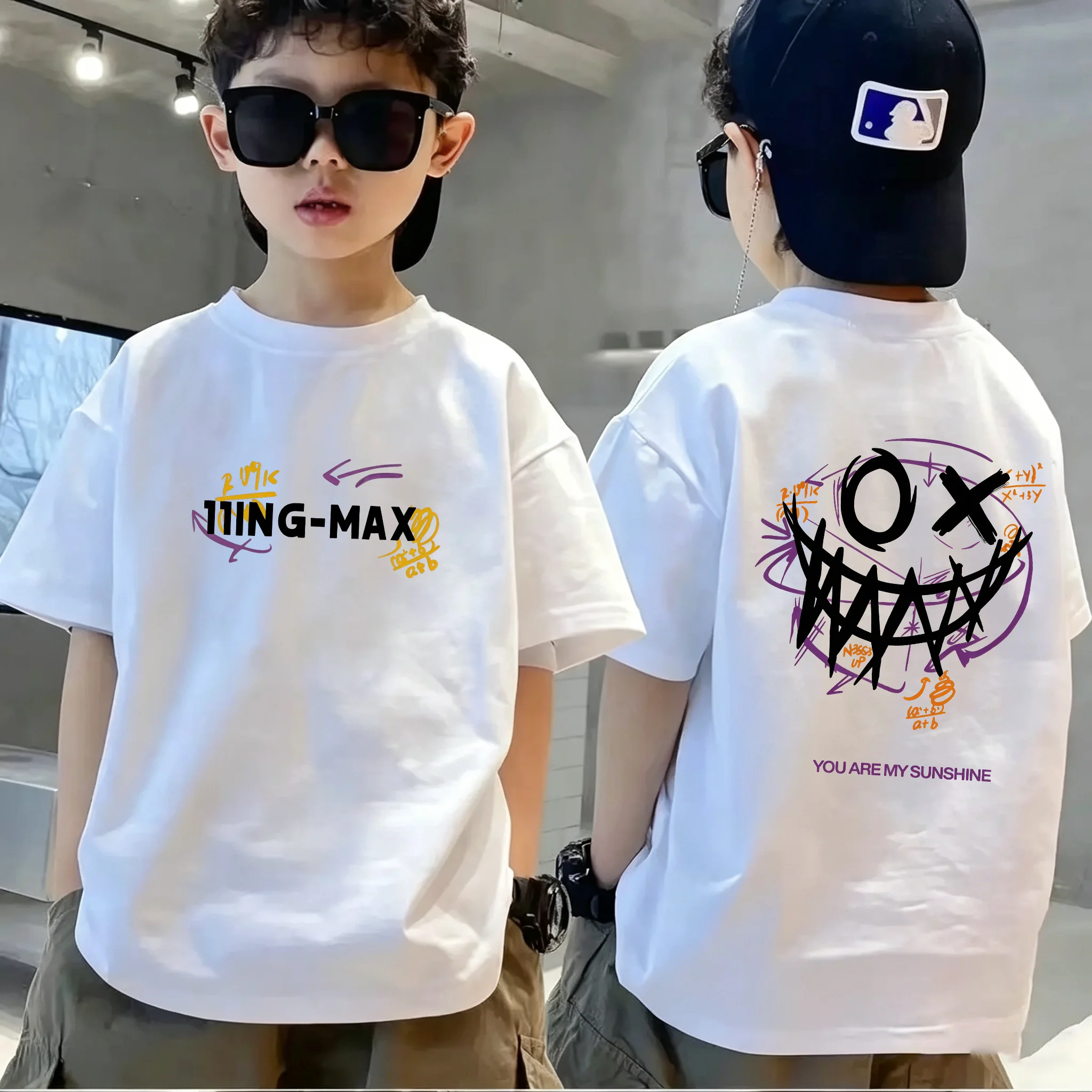 Kids Boys Hip Hop T‑Shirt Front and Back Graffiti Print Streetwear Short Sleeve Tee Casual Children Summer Tops