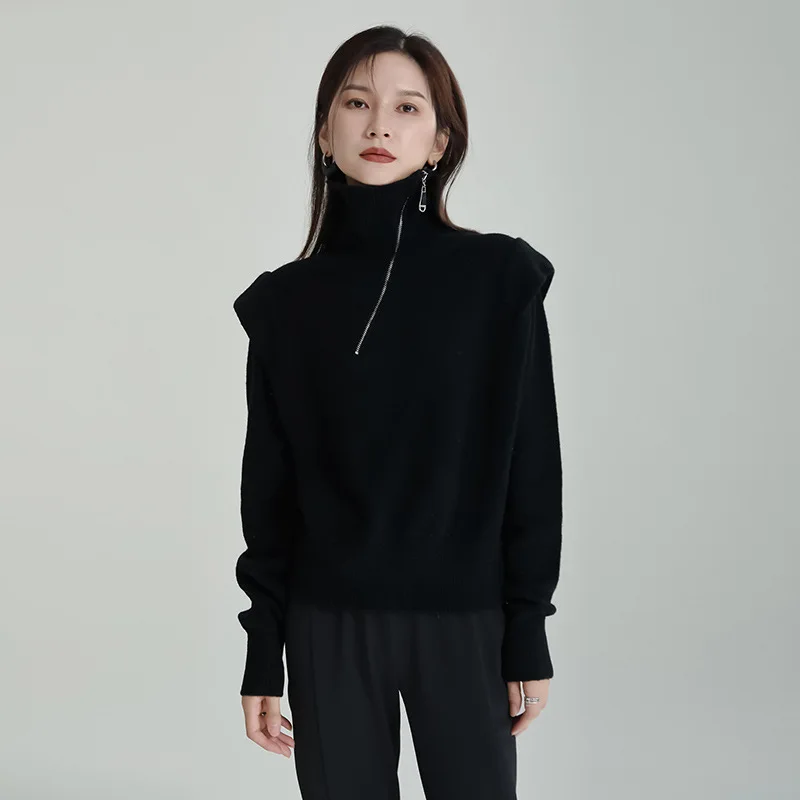 

Women's Asymmetrical High-Neck Sweater with Diagonal Zipper Knitted Unique Design Long Sleeve Top for Casual Wear