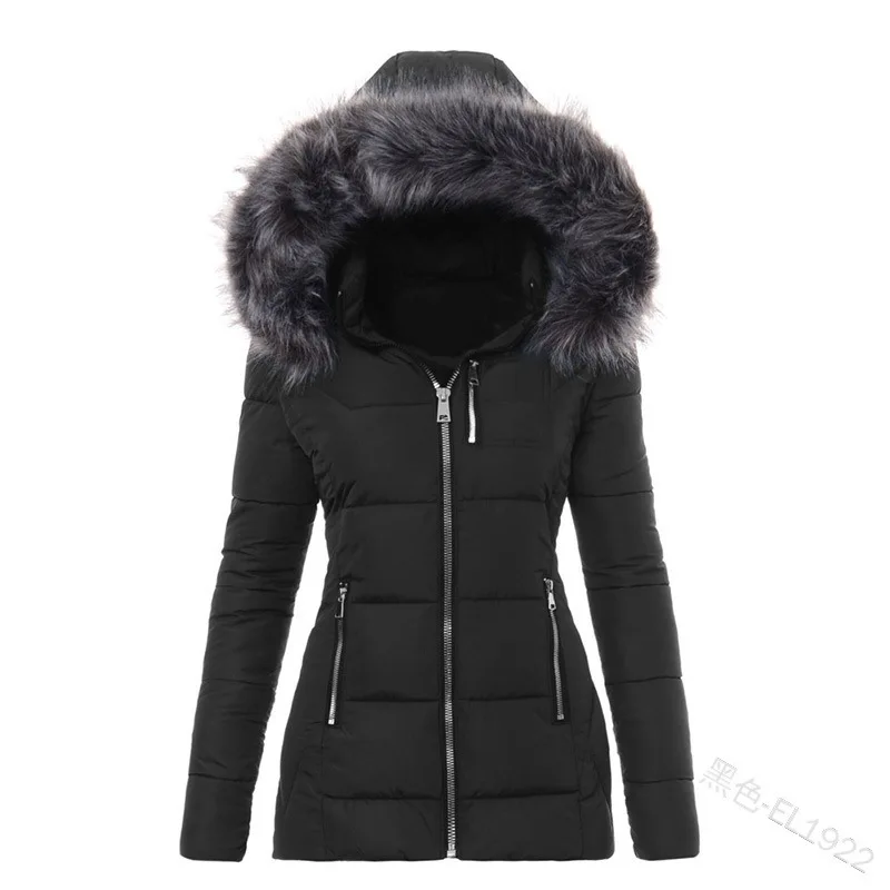 European and American Solid Color Fur Collar Zipper Decoration Slim Fit Cotton-Padded Clothes Women Thick Coat Ropa Para Mujer