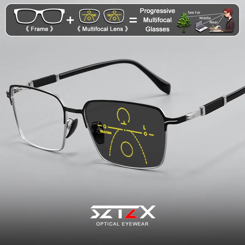 SZTZX High Quality Men Trendy Polygonal Reading Eyeware Anti Blue Light Business Progressive Multifocal Prescription Glasses