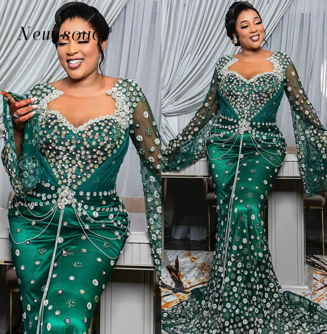 Aso Ebi-Vestidos de Noche de sirena de manga larga acampanados con cristales de lujo, vestidos de fiesta formales de talla grande para bodas, Color Verde Africano