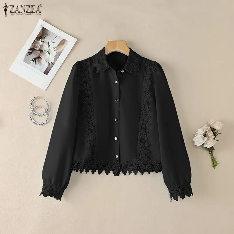 

ZANZEA Elegant Lace Patchwork Women Shirt Long Sleeve Summer Spring Buttons Casual Blusas Streetwear Solid OL Work Party Tops