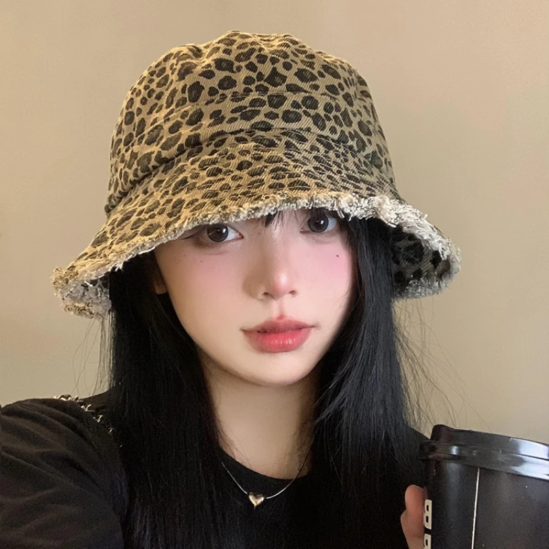 Retro Leopard Print Rough Edge Bucket Hats Women Summer and Autumn Versatile Sunscreen Showing Face Small Casual Basin Caps