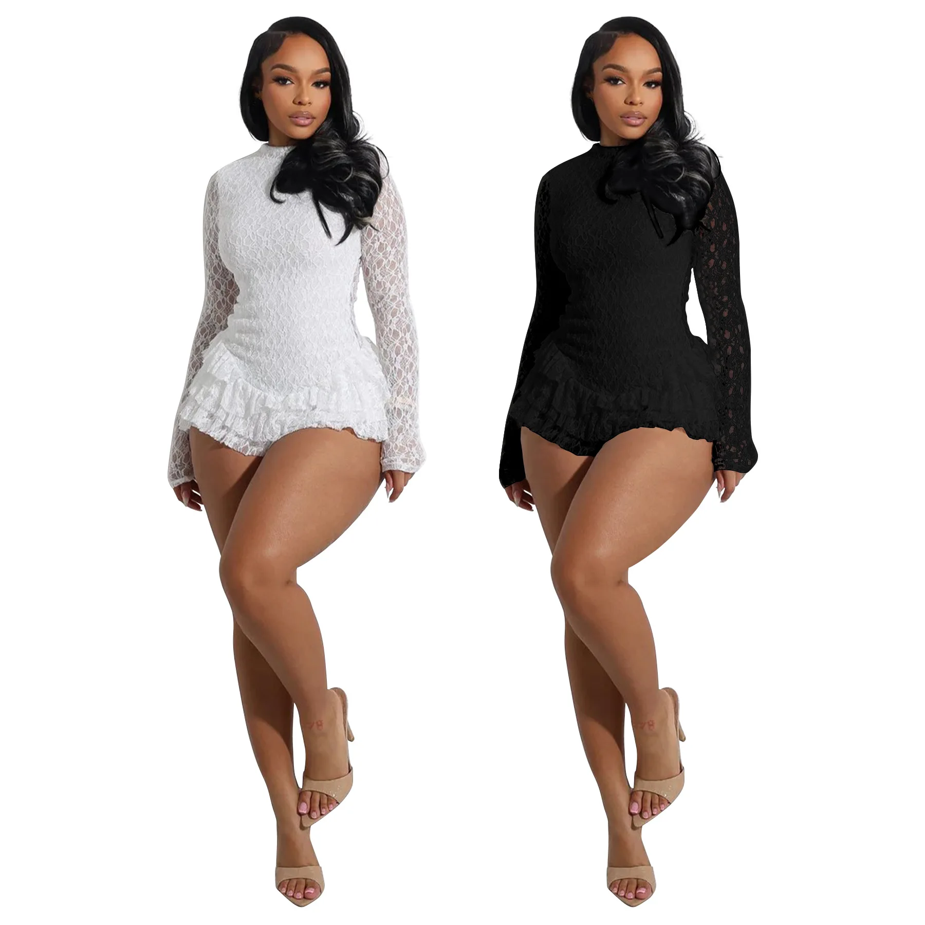 

Women's Solid Color Sexy Lace Long Sleeved Shorts with Black Fungus Edge Backless Jumpsuit 2025 Autumn