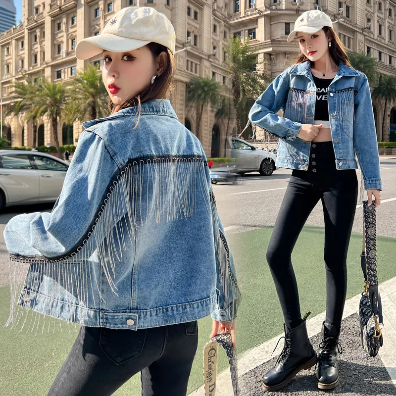 

Korean Design Loose Women's Denim Jaet with Tassel Heavy Work Tailored Large Size Commute Sle Button ket Long Sve