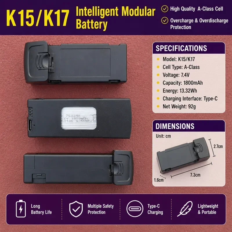 [NEW]  3.7V 1800mAh Lithium Battery for K15 K17 Drone Large Capacity Long Life Replacement Power Module