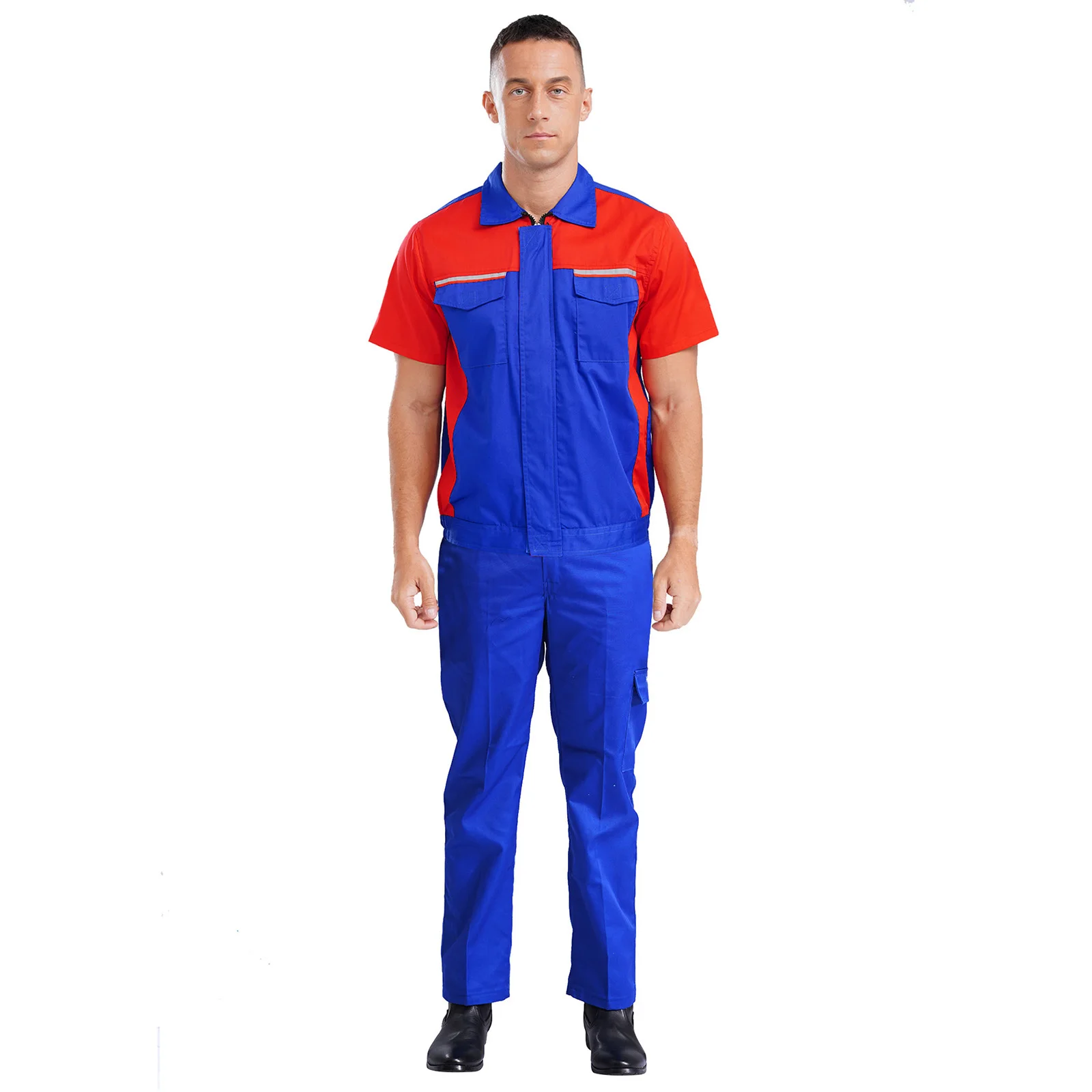 

Mens Dungarees Work Uniforms Outfit Short Sleeve Zip Pockets Reflective Stripes Top and Pants for Factory Worker Working Suits