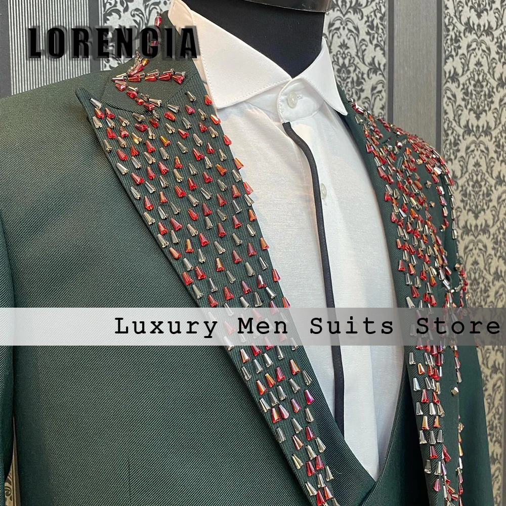 Elegant Beading Suit for Men 3 Piece Peak Label Wedding Groom Tuxedos Male Clothing Customized Blazer Pants Vest costumes homme