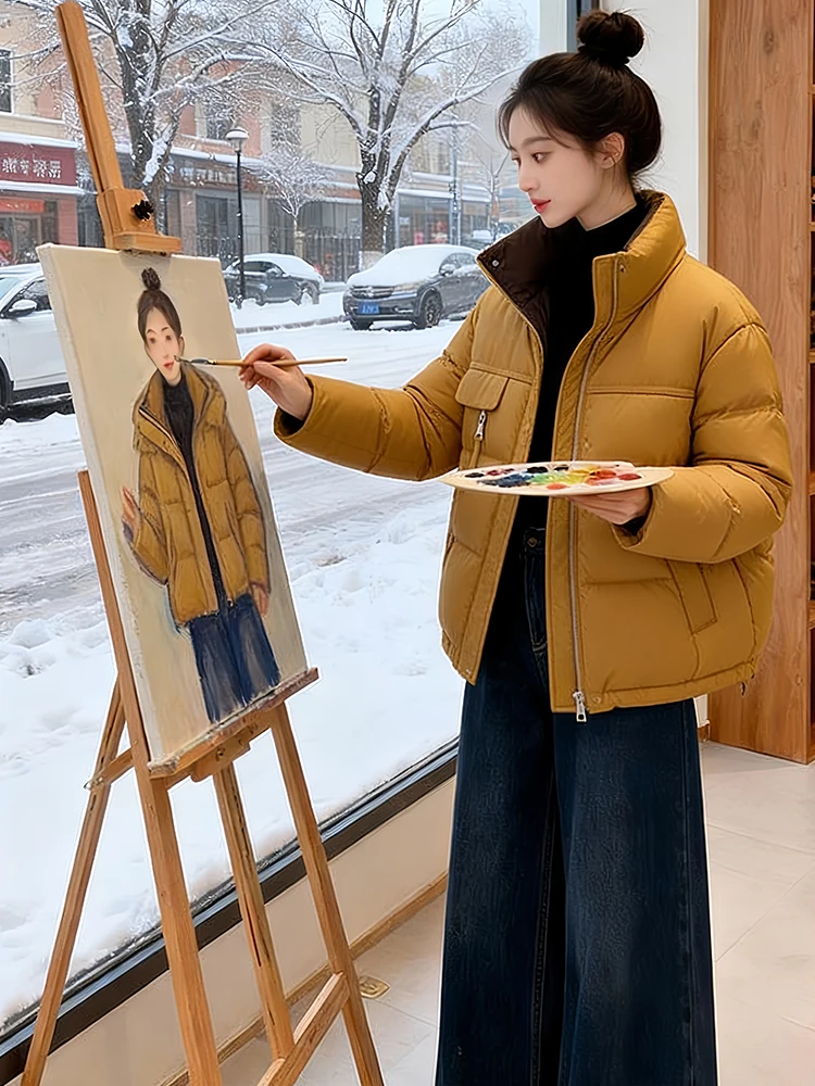 

Утепленная теплая хлопковая куртка для женщин, зимнее молодежное пальто с воротником-стойкой, корейский стиль, свободный крой, длинный рукав
