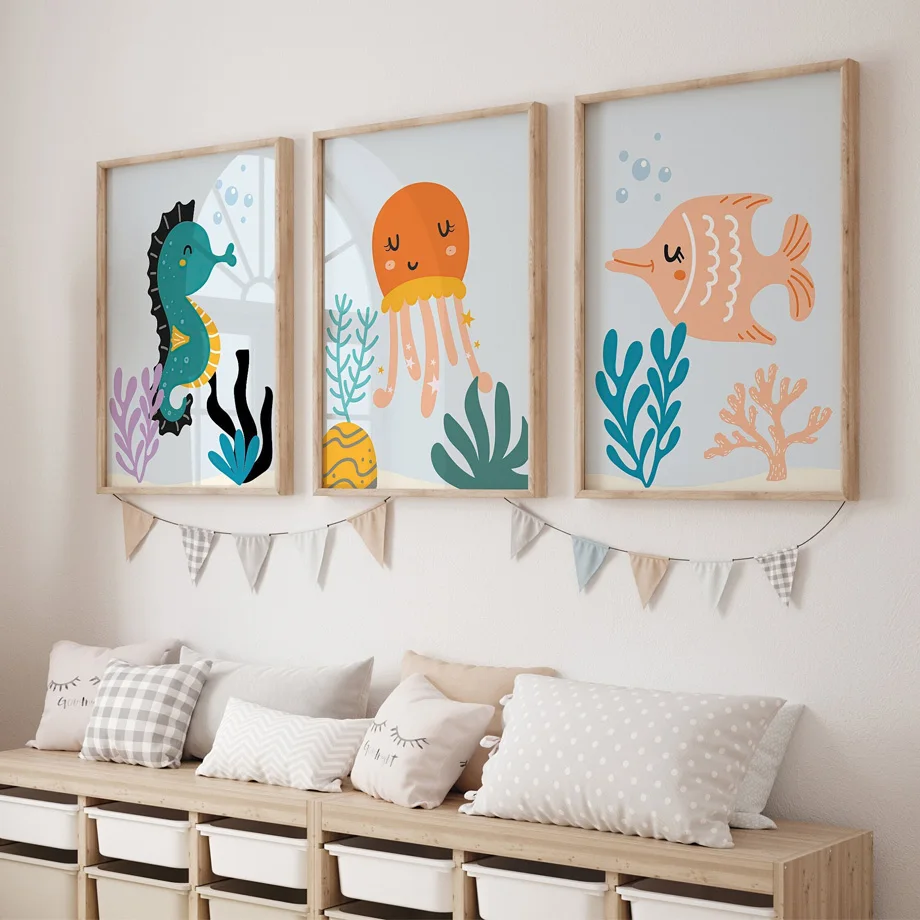 

Cartoon Seahorse Jellyfish Fish Posters And Print Modern Nursery Wall Art Canvas Painting Pictures Baby Kids Home Decoration