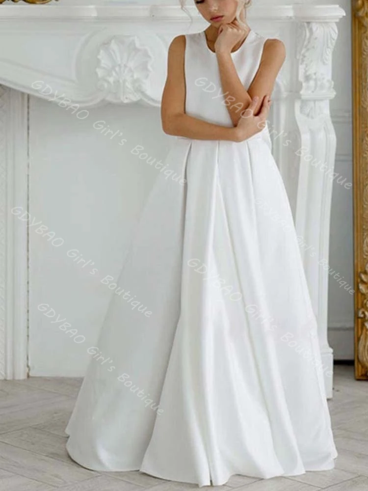 Vestidos brancos da menina de flor para o casamento a linha/princesa cetim primeira comunhão vestido com apliques personalizado vestido de festa de aniversário