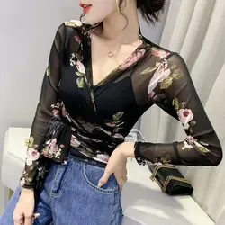 Women's Slim Fit Long Sleeve T-Shirt V-Neck Floral Print Belted Korean Style Commute Fashion Summer Thinming Top