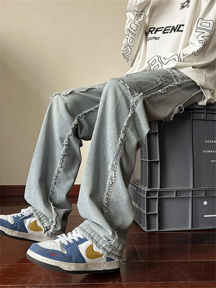 

Men's Streetwear Vintage Design Dyed Mud Jeans Casual Loose Straight Leg Pants Waed out American High Street Cuffed Jeans