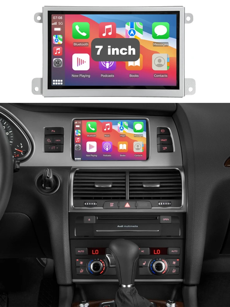 AUTOTOP – bezprzewodowy system CarPlay i Android Auto, 7-calowe radio samochodowe z systemem Linux, przeznaczone do Audi A6 C6 4F, Q7 4L (roczniki 2005–2015), z interfejsem MMI 2G, MMI3G, ekranem — 2