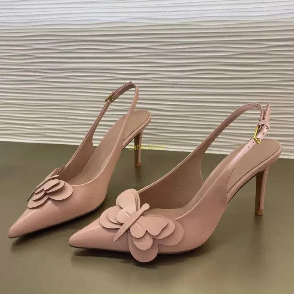 

Butterfly Flower Slingback Pumps Sexy Pointed Toe Thin Heel Slingback Buckle Strap New Arrivals Fashion Women Modern Shoes