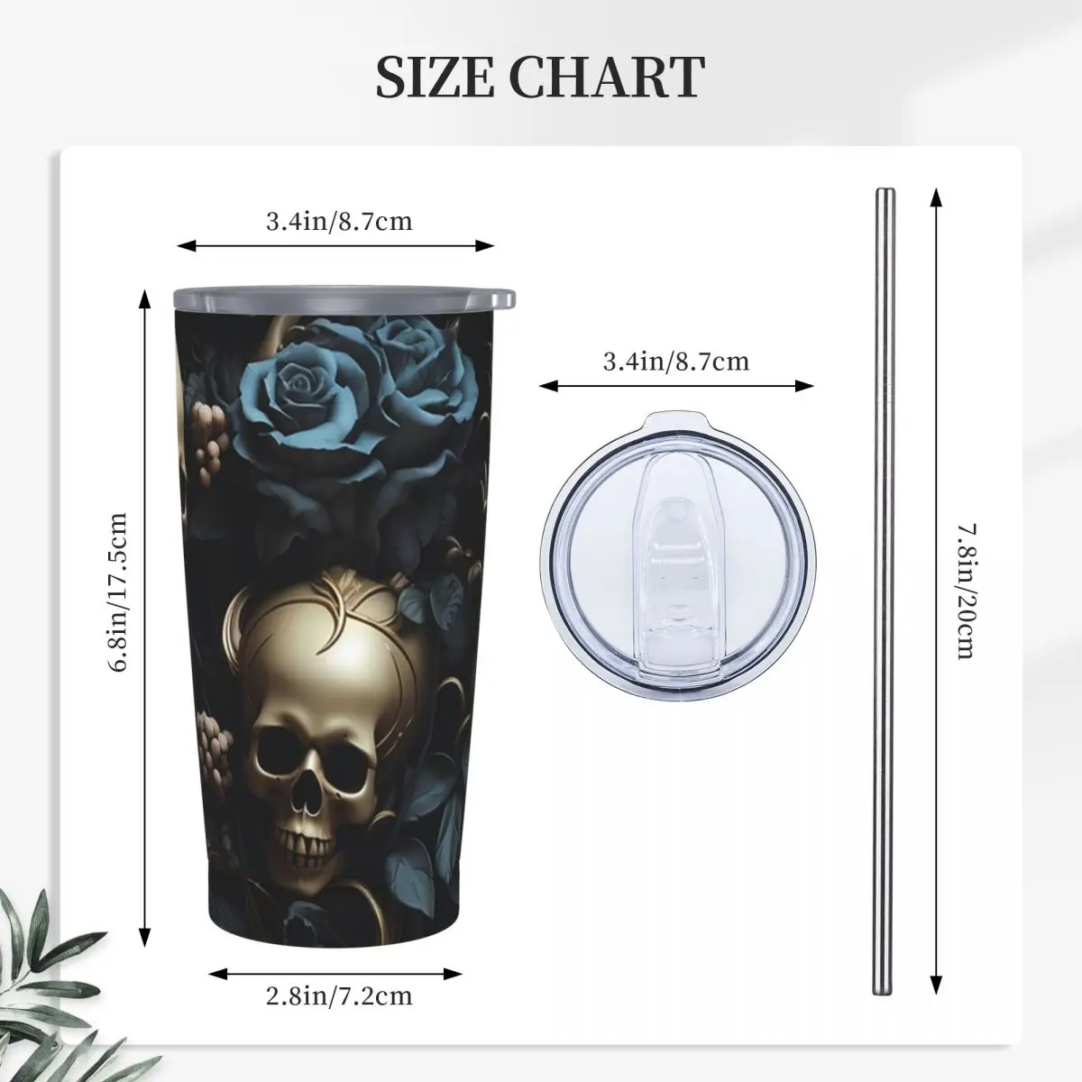 Horror Gothic Skeleton Death Skull Stainless Steel Tumbler Vacuum Insulated Mugs Thermal Cold Bottle Straw With Lid 20oz