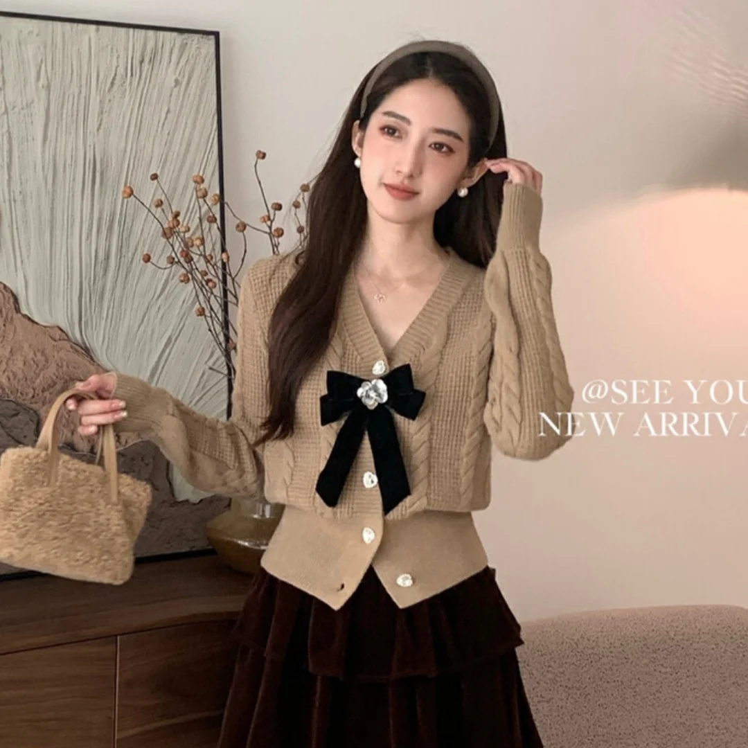 

Sweet Velvet Bow V-neck Twist Knitted Cardigan Women's Autumn Winter Waist Sweater Cropped Cardigan Tops