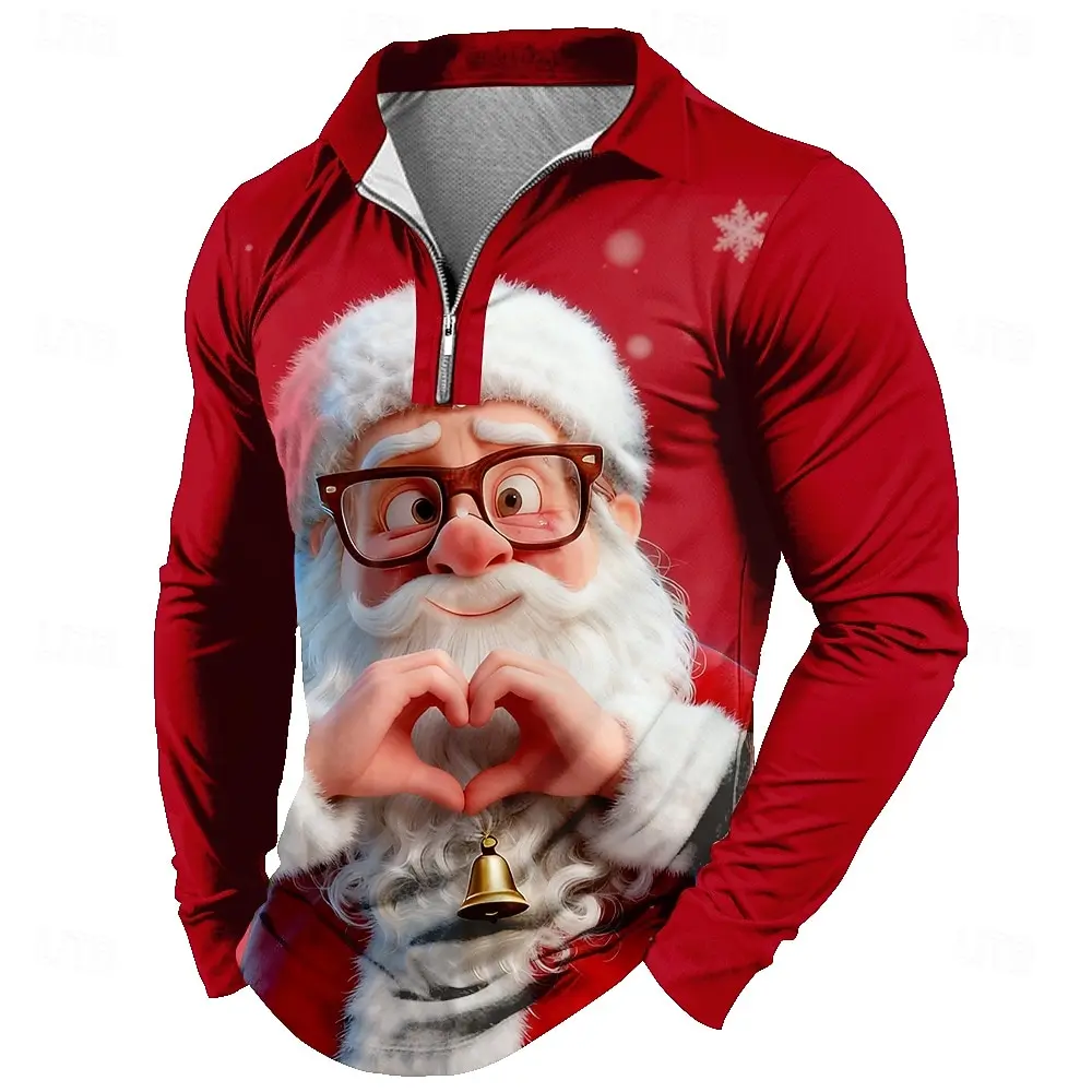 2025 Christmas Men's Santa Claus Long Sleeve Polo Shirts Lapel Casual Festival Outfit 3D Print Quarter Zip Polo Fall Winter