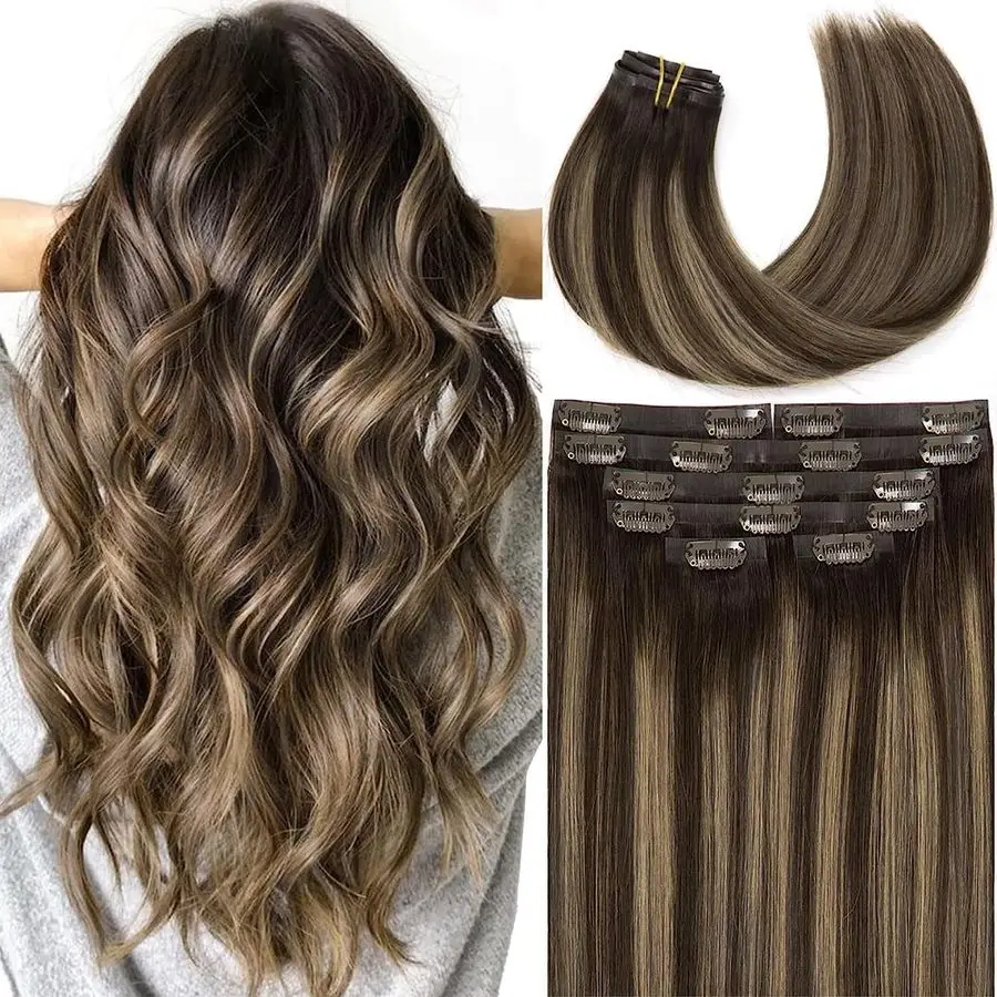 

Hair Extensions Clip in Human Hair Chestnut Brown Mixed Dark Brown with Dark Brown Roots Color Ultra Thin PU Weft Seamless Exten