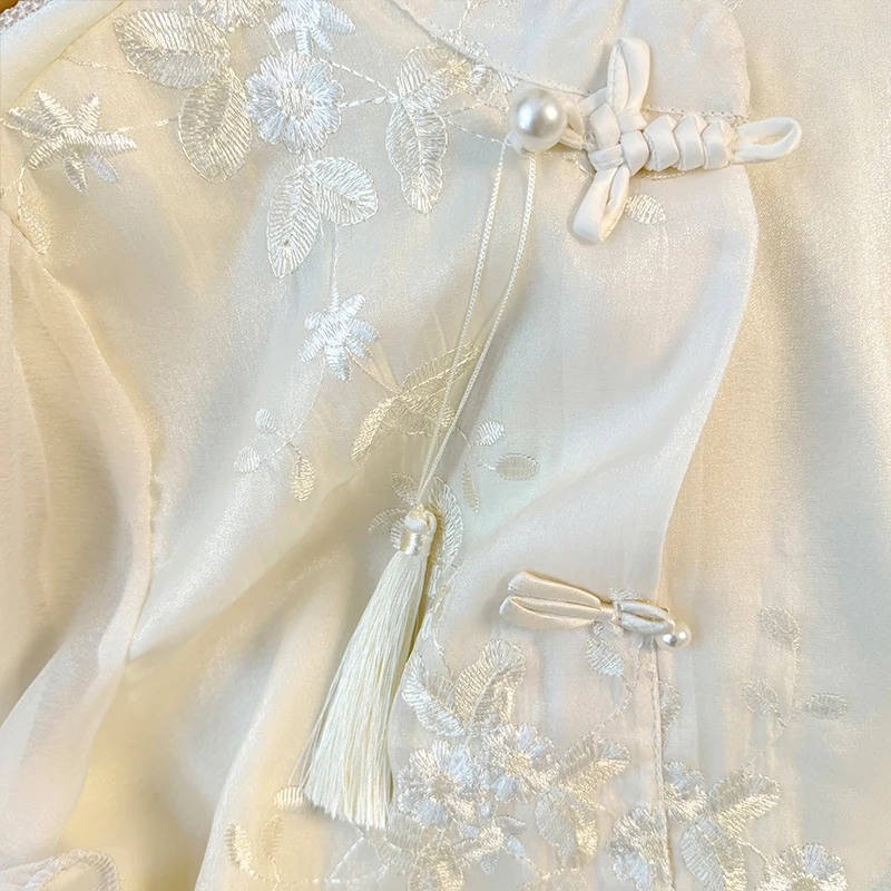 EVNISI Women Elegant Chinese Button White Blouse Floral Embroidery Long sleeved Shirt Spring Autumn Women Office Pullover Tops