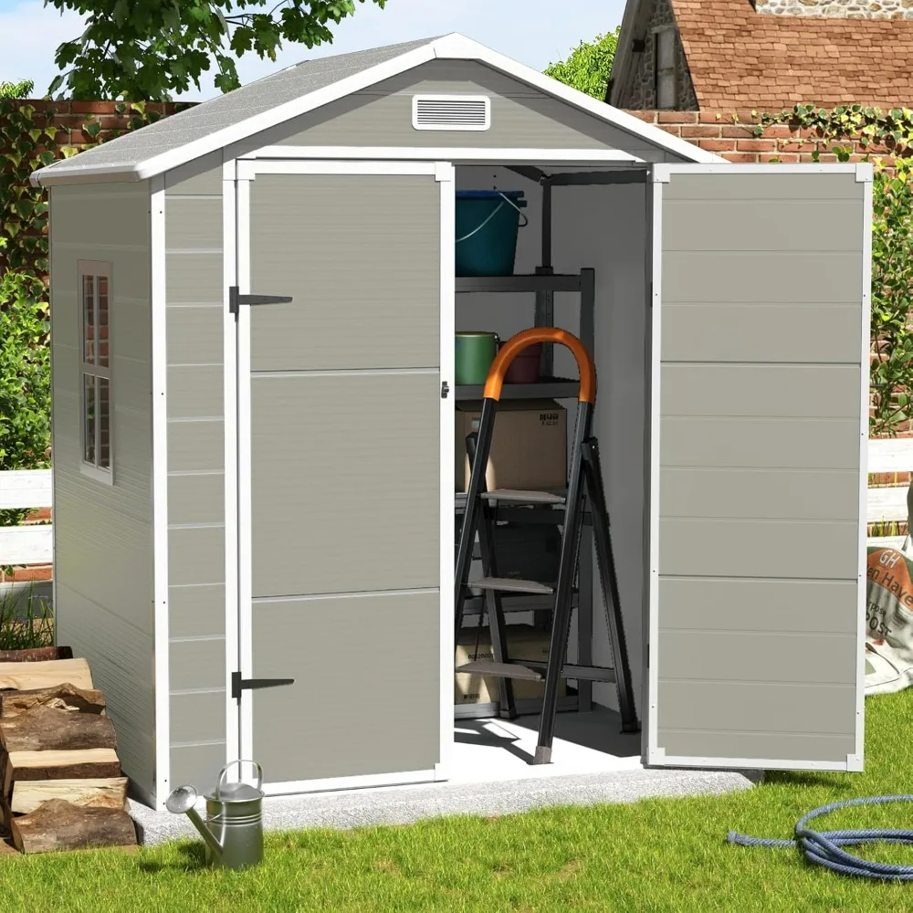 Outdoor Resin Storage Shed, 6x4.5FT Plastic Storage Sheds with Floor, Lockable Door, Window, Waterproof Tool Sheds & Outdoor