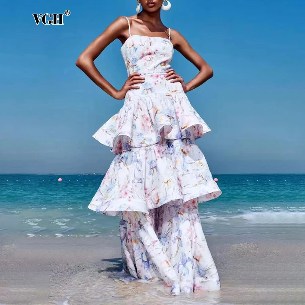 

VGH Slimming Printing Elegant Dresses For Women Camisole Sleeveless Backless High Waist Spliced Folds Chic Dress Female Style