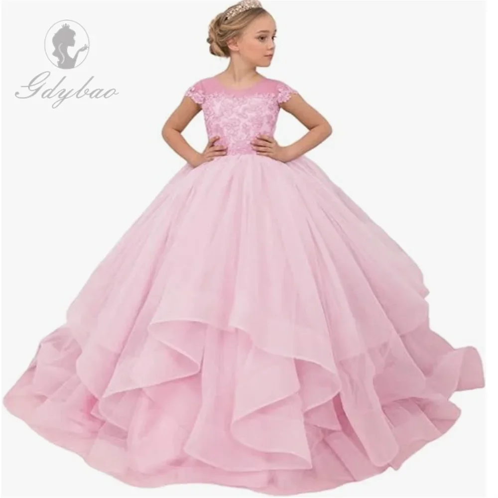 A + vestido de tul con Apliques de encaje para niña, vestidos de desfile de princesa de manga corta, vestidos de fiesta, vestido de princesa para niña de boda