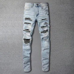Contrasting Rhinestone StitchingPatchwork Ripped Hole Design Stretchy Jean Hip Hop Trousers For Men Pantalon Vaqueros Hombre