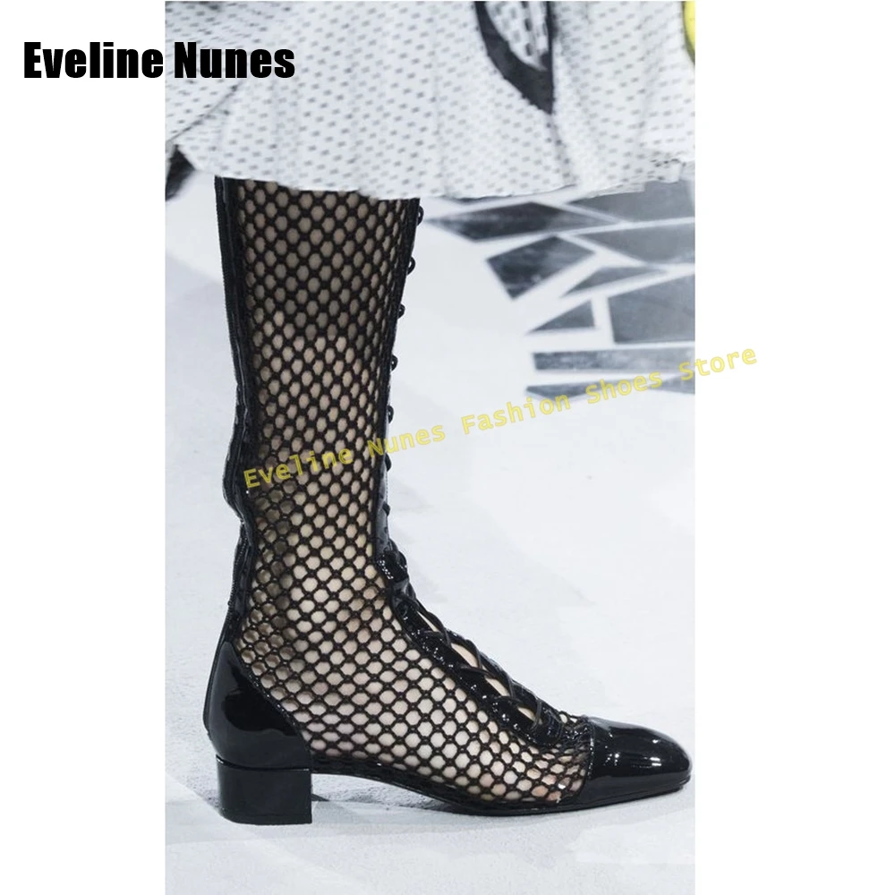 Black Mesh Lace-Up Sexy Gladiator Square Toe Chunky Heels Back Zip Cut Out Women Runway Show Pumps 2025 Spring Summer Shoes