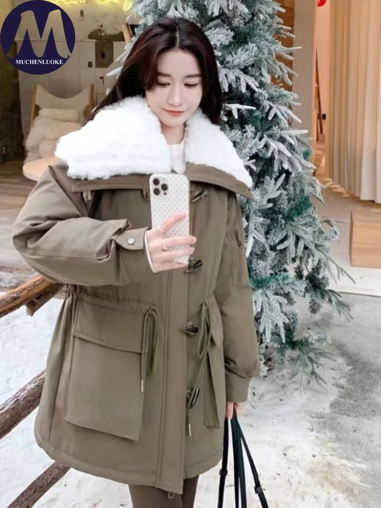 

Женская зимняя куртка, новое элегантное утепленное теплое пальто с длинными рукавами и меховым воротником, корейская мода, повседневные свободные парки с широкими лацканами