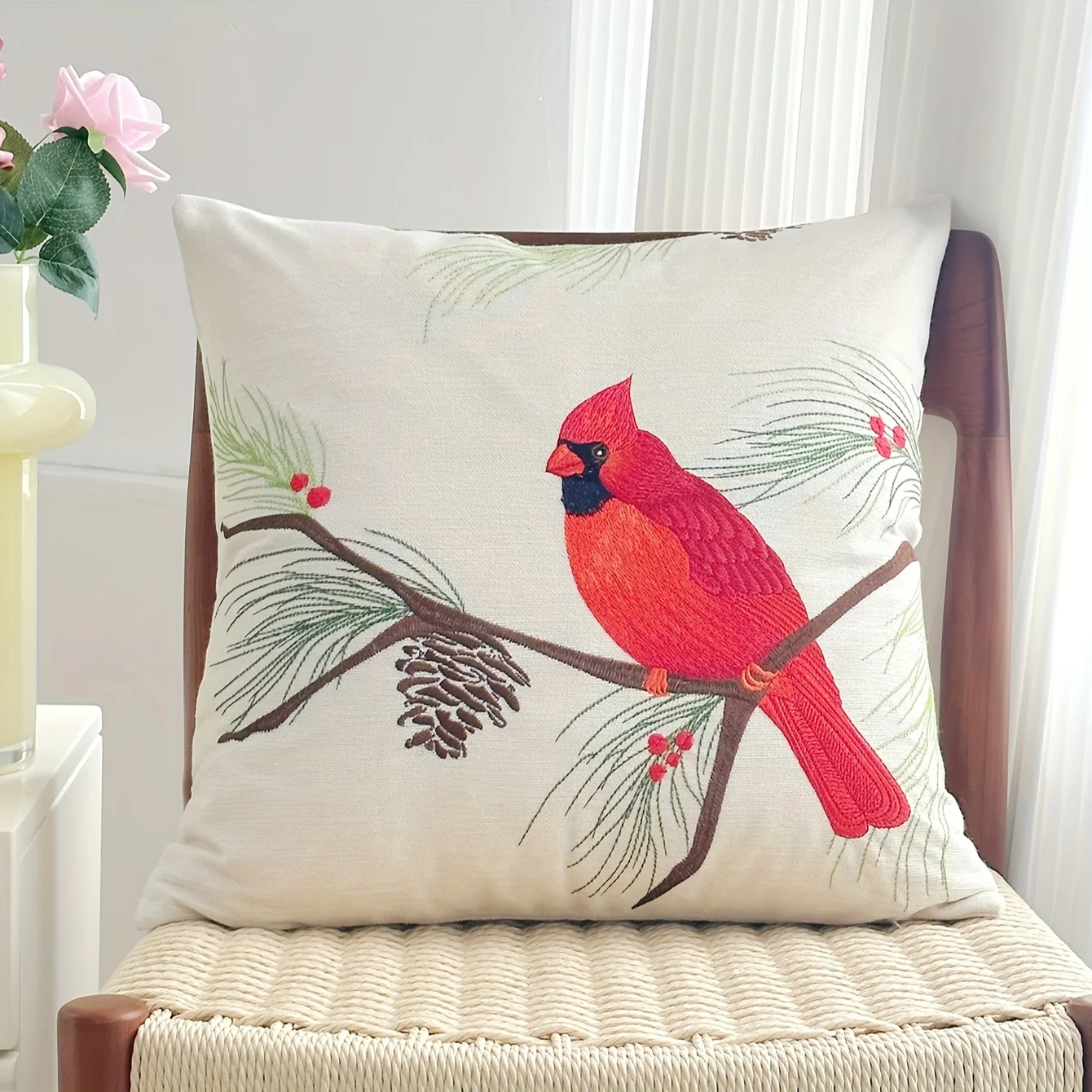 Red Cardinal Bird Pine Cone Throw Pillow Cover Winter  Floral Decorative Cushion Case for Cabin Home Decor Gift