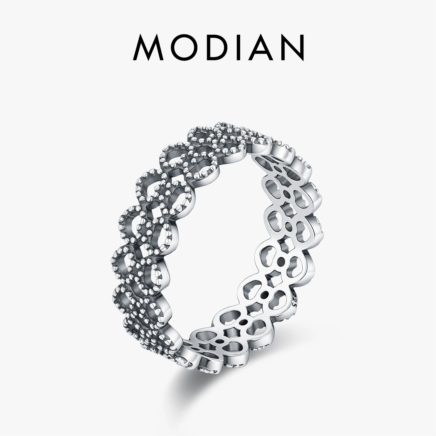 

MODIAN 925 Sterling Silver Retro Exquisite Hollow Heart Lace Patten Finger Rings For Women Fine Jewelry Accessories
