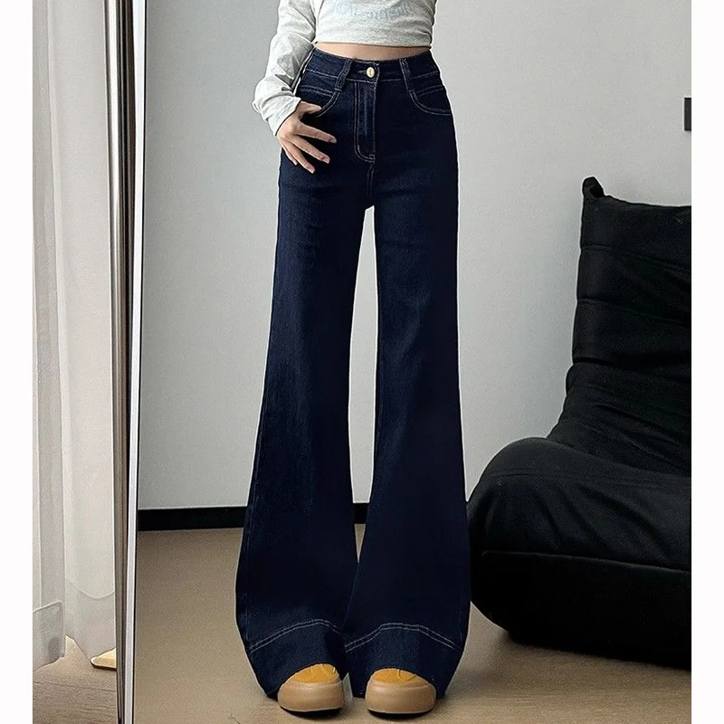 

Female Chic Retro High Waist Jeans Pants Girls Fashion Straight Leg Denim Trousers Women Solid Color Bell Bottom Pants