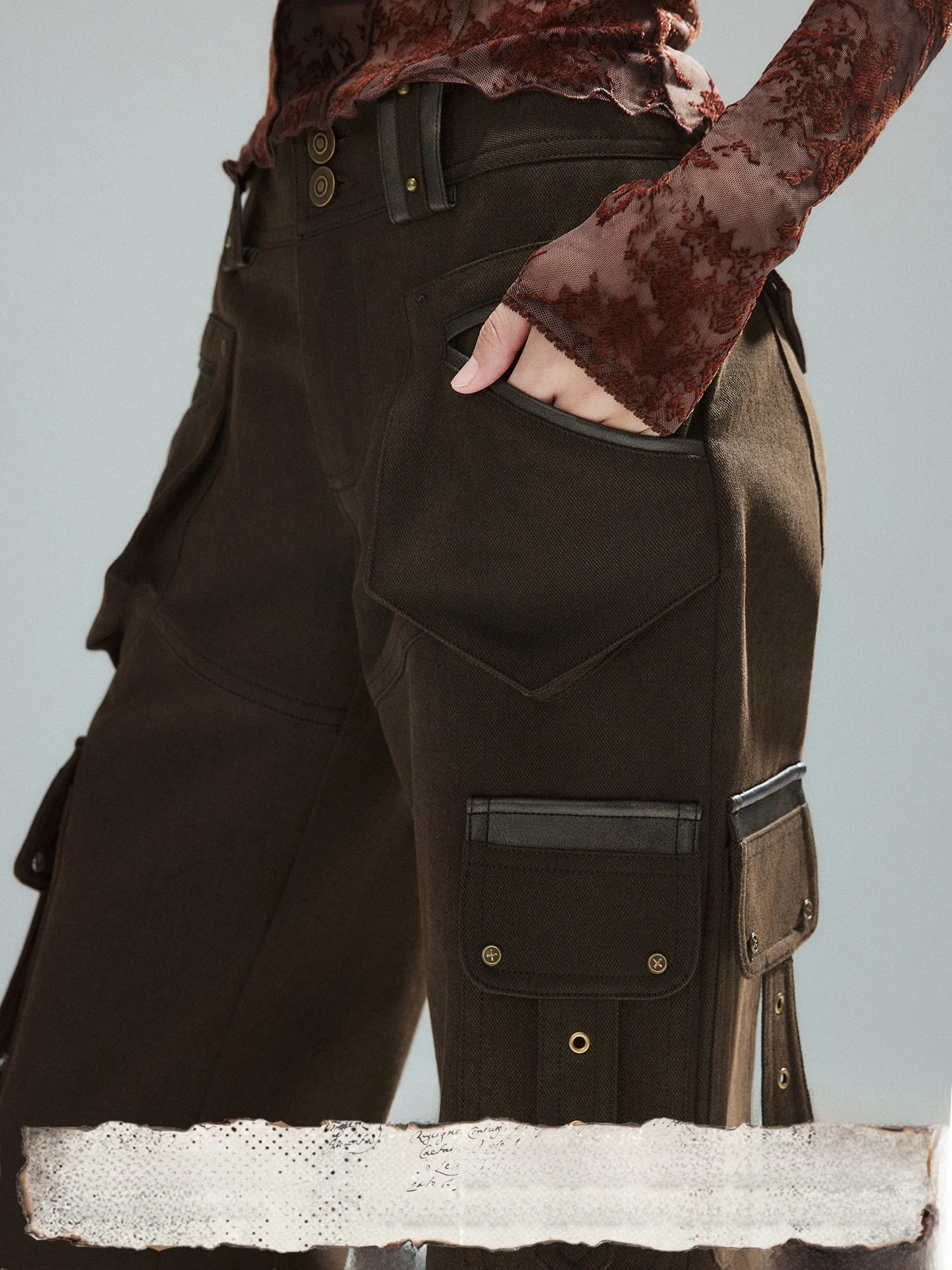 

Low Waist Leather Trimmed Multi-ket Work Pants Street Sle Bell Bot for Women Retro Slim Fit Cotton Blend Trousers