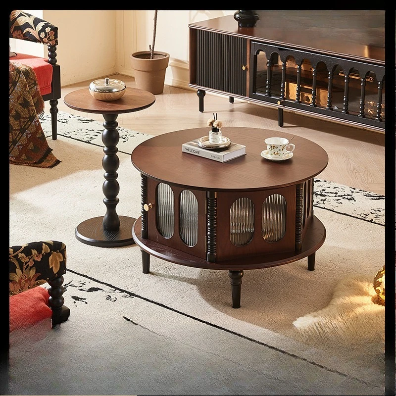 

French retro solid wood coffee table living room multi-functional small apartment storage round table side table combination