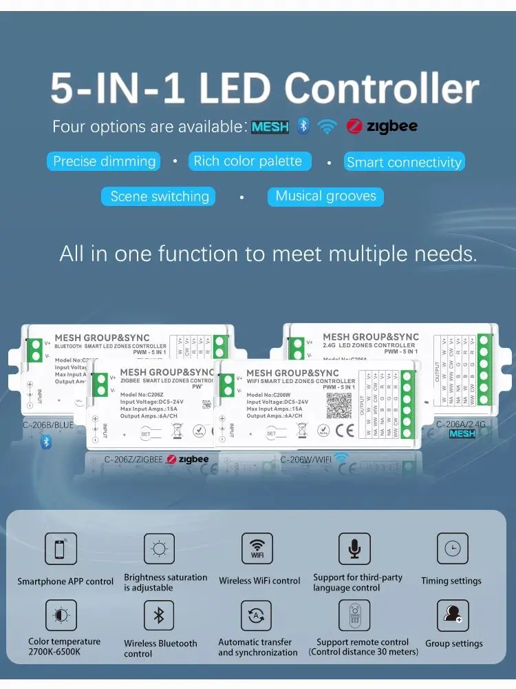 Tuya smart life home 12v 24v 15a variateur cct rgb bande lumineuse LED bluetooth wifi zigbee 5in1 contrôleur xiaomi alexa bouton interrupteur