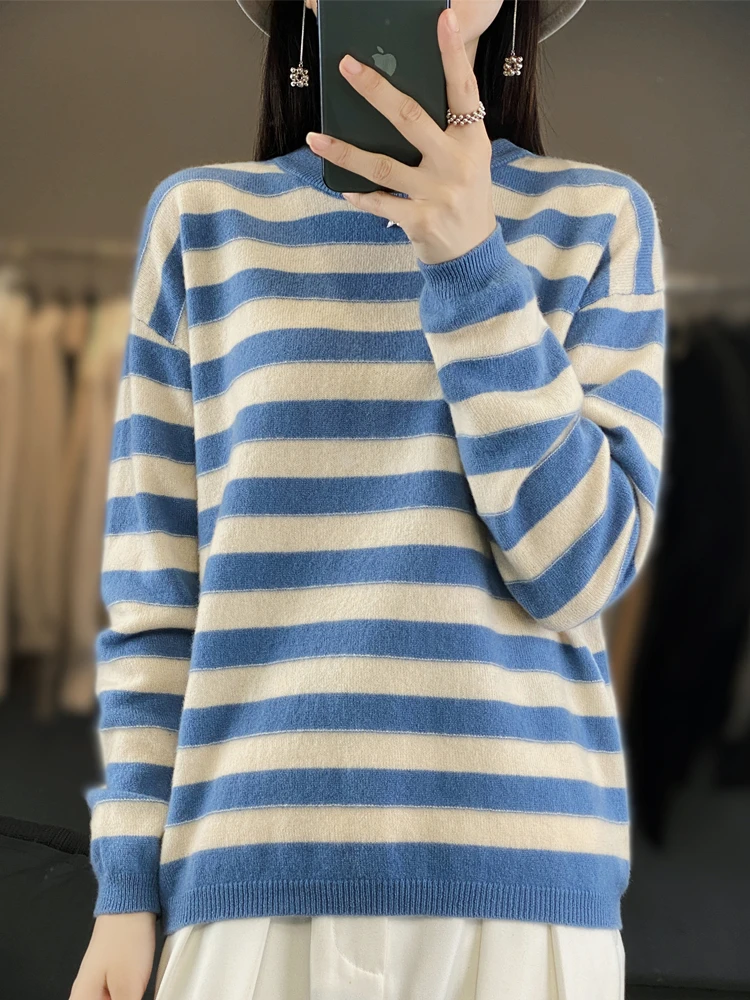 Autumn Winter Women Merino Wool Sweater Round Neck Classic Striped Loose Fit Soft Long Sleeve Daily Casual Fashion Knit Pullover