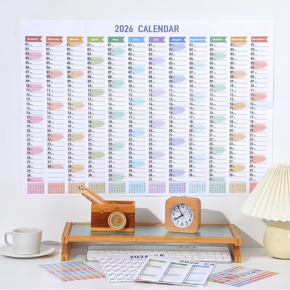 Calendario de pared de papel colorido 2026 con pegatinas, calendario de 365 días, planificador de 2026 años, calendario de horarios de notas, 1 ud.