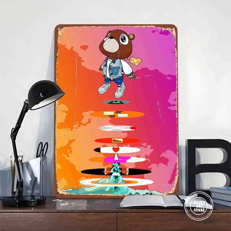 Kanye West Bear Mascot Metal Poster Customized Wall Art Retro Vintage Tinplate Signs for Man Cave Office Decoration Gaming House