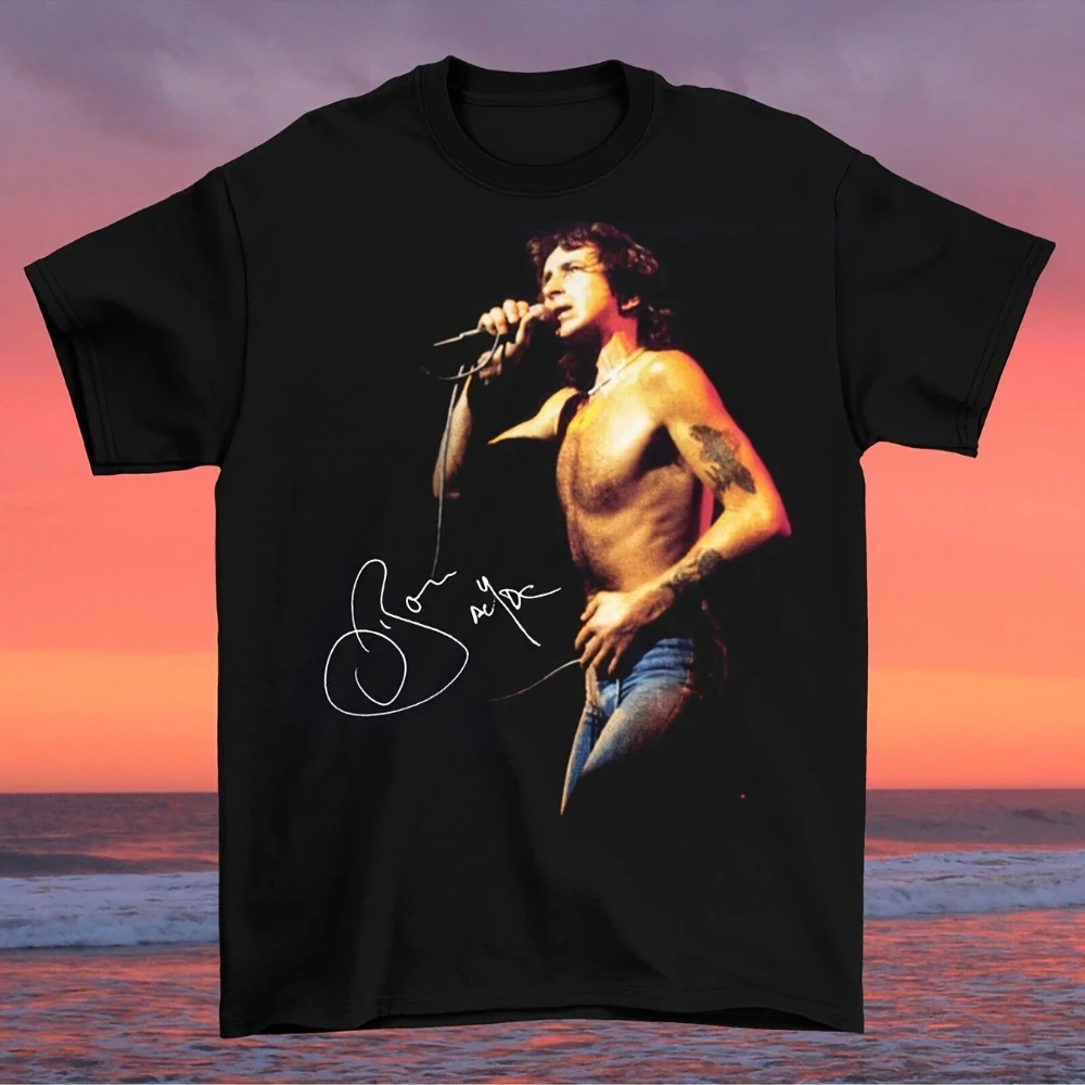 Camiseta de manga corta para hombre con la firma de Bon Scott, nueva y rara, top sencillo y versátil para el verano, estilo casual de verano.