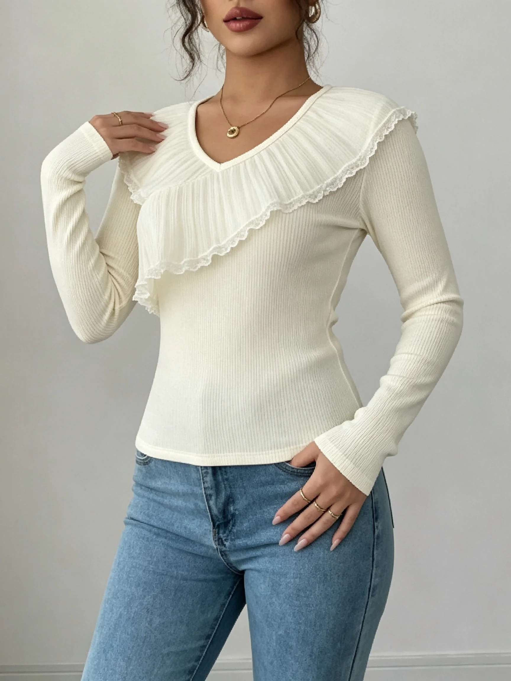 Women Formal Wear Xxl - Women`s Knit Long Sleeve Top Ruffle