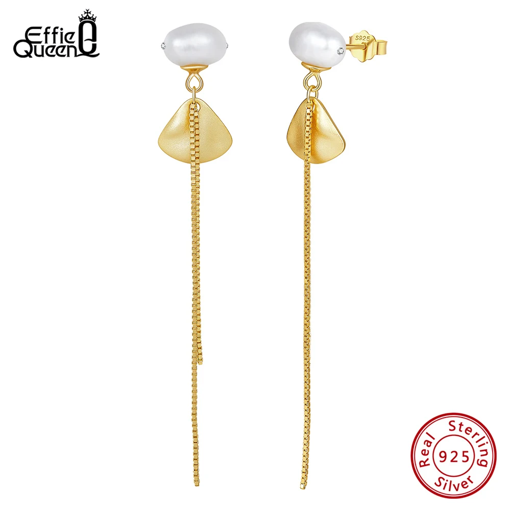 

Effie Queen Cultured Freshwater Pearl Dangle Elegant 14K Gold Chain Large Tassel 925 Sterling Silver Earrings for Women GPE88