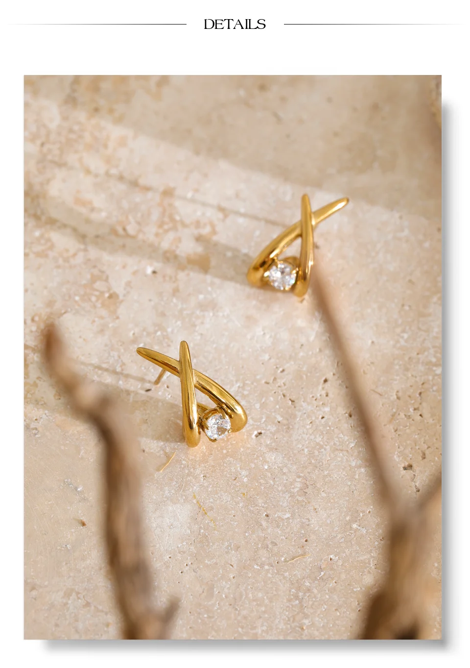 Yhpup Edelstahl-Ohrstecker mit eingelegten runden CZ-Steinen, X-Form, goldfarben plattiert, moderner, glänzender Glamour-Schmuck, wasserdicht. – Detail 9