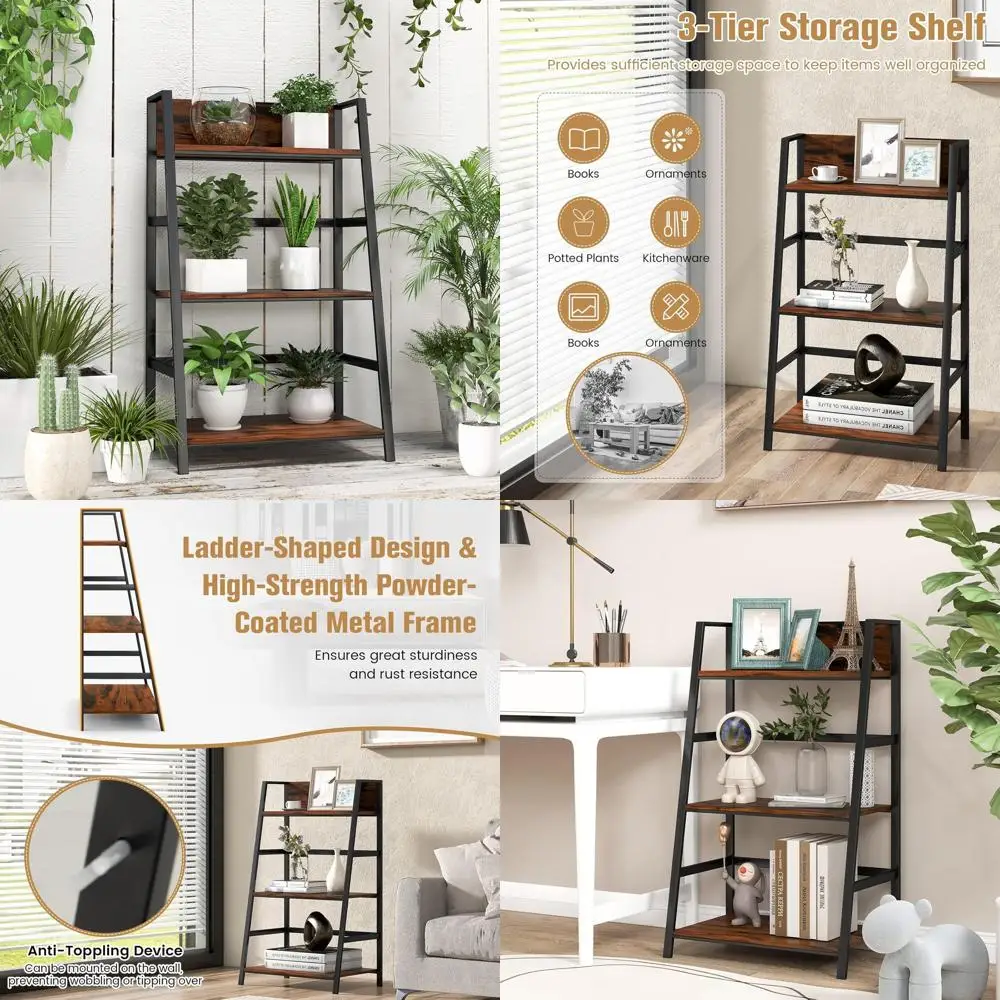 

3-Tier Industrial Wooden Bookcase with Metal Frame, Anti-Toppling, Plant Stand, Storage Rack for Home Office Living Room