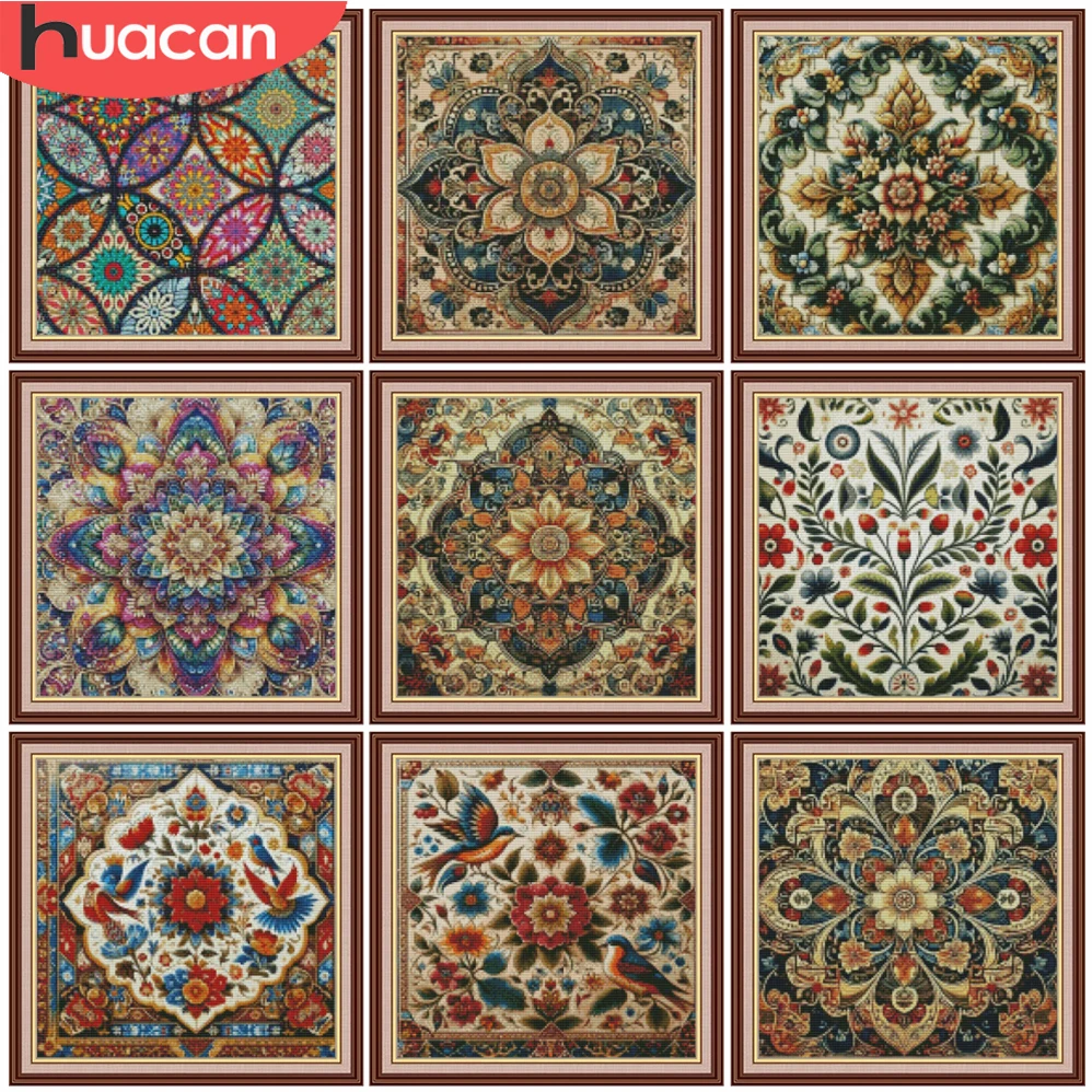 HUACAN 11CT Sticksets, Mandala-Blumen-Motiv, bedrucktes Kreuzstich-Set, florale Wanddekoration, DIY-Hobbys, Handarbeiten, Basteln für Erwachsene