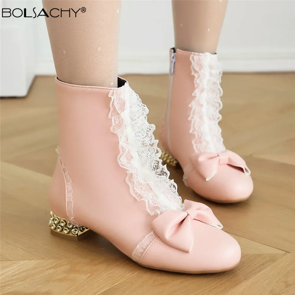 

Женские ботинки, новинка 2025, осенне-зимние ботильоны для девочек, короткие ботинки на толстом каблуке и низком каблуке, боковая молния с бантом, кружевная обувь Botas Mujer, размер 31-43