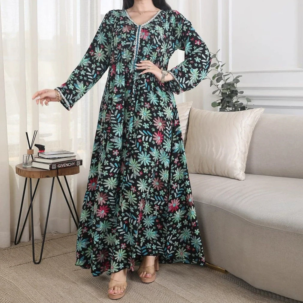 Robe grande taille robe maxi nouveau col en v clouté de diamants mode imprimé robe d'asie du sud-est-GZXX644